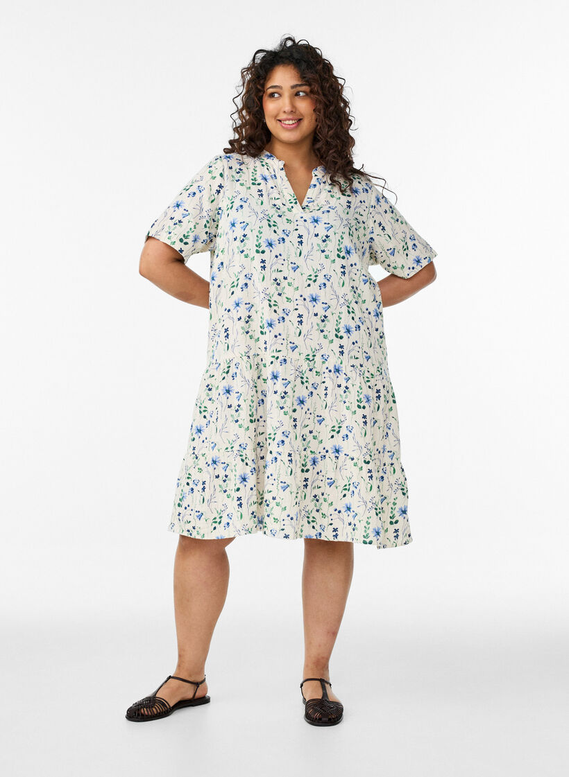 Kort a-linjeformad kl&auml;nning i bomullsmuslin, Beige, Model image number 1