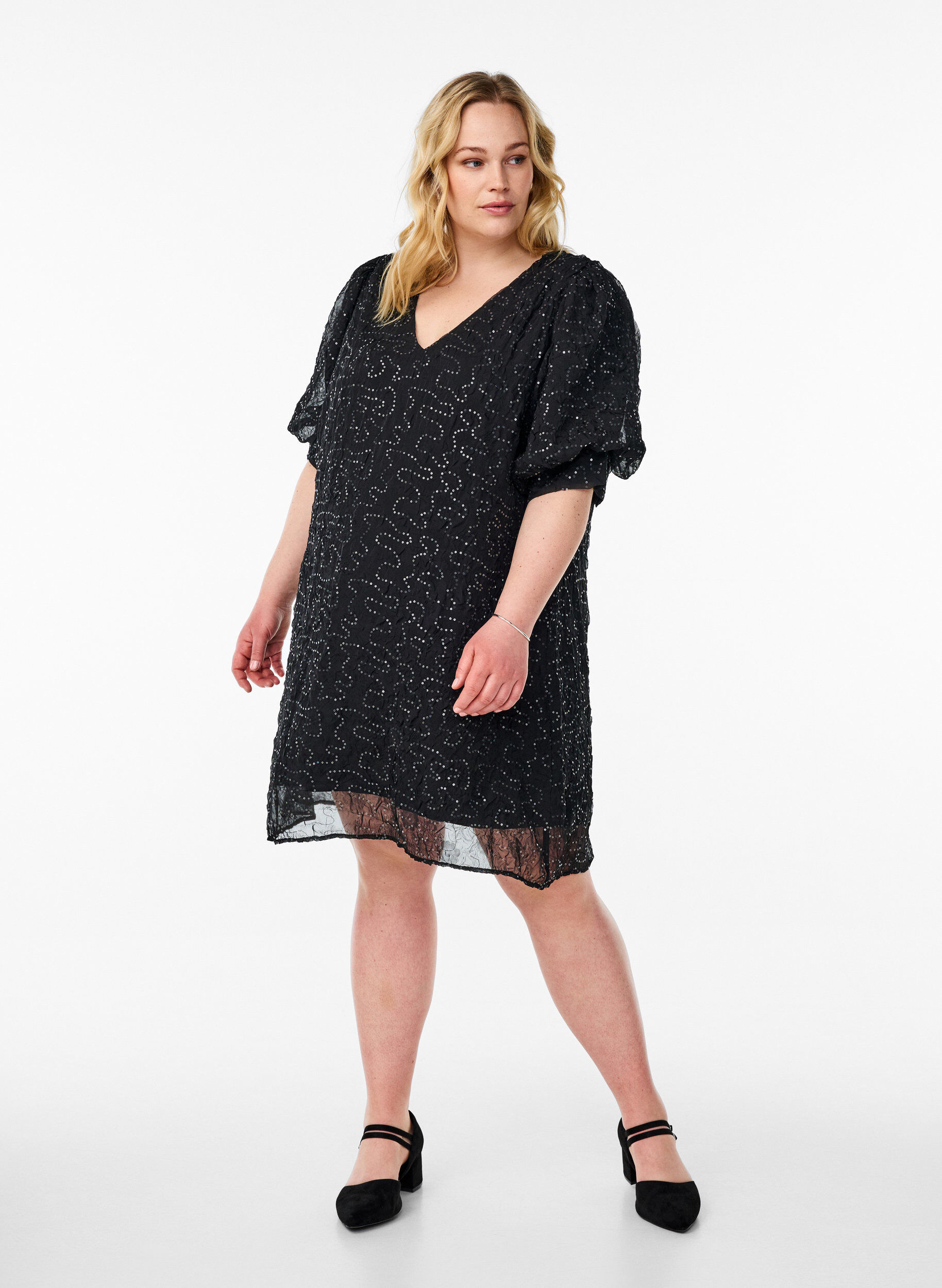 Zizzi Kort festkl&auml;nning med paljetter, Svart, Model image number 1