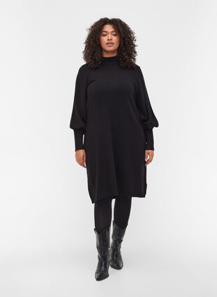 Stickad klänning med rund urringning och långa ärmar, Black, Model image number 2