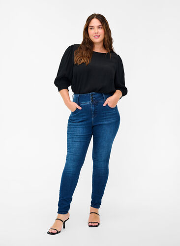 Super slim Bea jeans med extra hög midja, Blue denim, Model image number 0