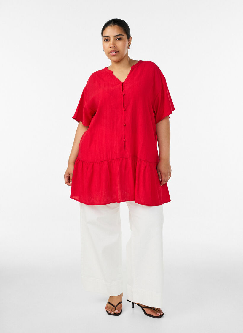 L&ouml;s tunika med krinklad textur och volangkant, R&ouml;d, Model image number 1