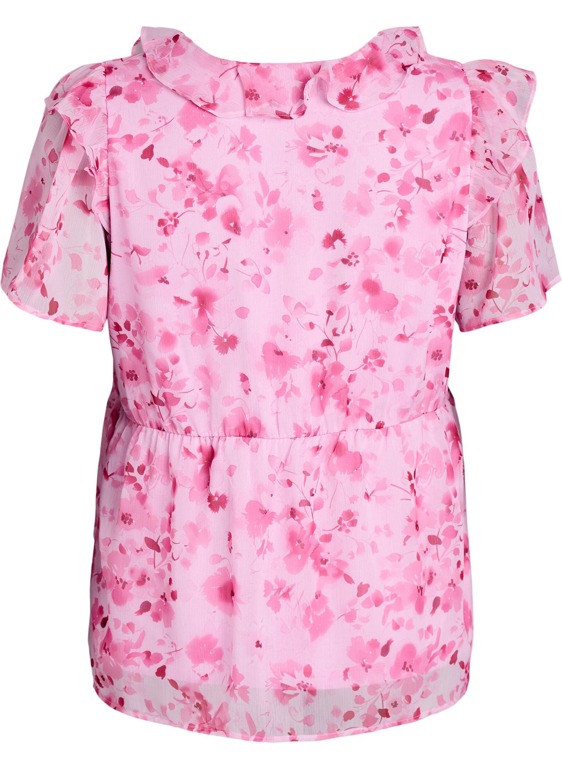 ZizziBlommig blus med volangkrage och peplumeffekt, Rosa, Packshot image number 1