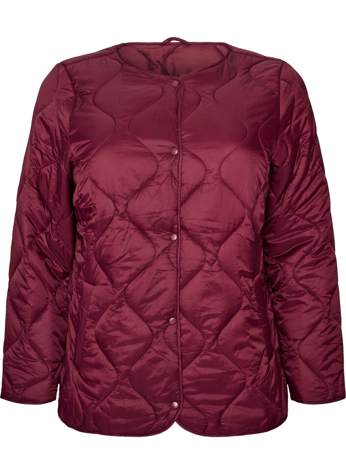 Quiltad jacka med tryckknappar och rund hals, M&ouml;rk Bordeaux, Packshot image number 0