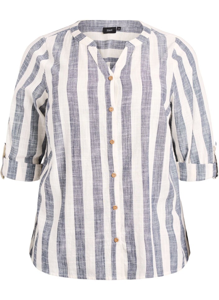 Skjortblus i bomull med v-ringning, Bl&aring;, Packshot image number 0
