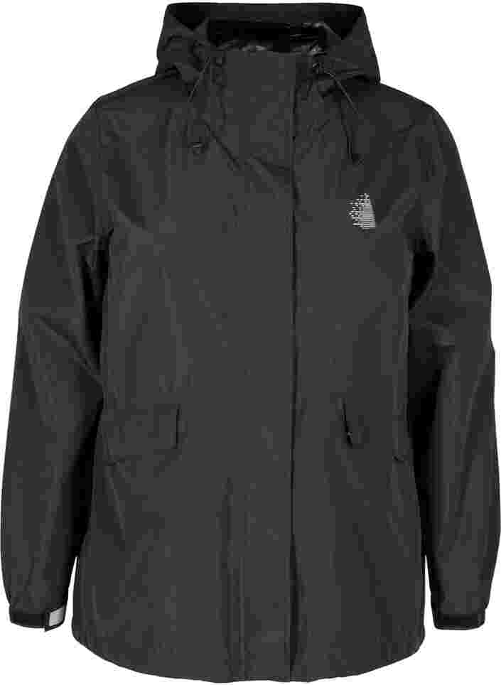 Sportig regnjacka med huva och fickor, Black, Packshot image number 0