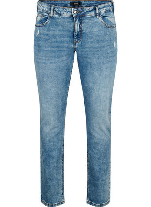 Emily jeans med normal midja och sliten design, Blue denim, Packshot image number 0