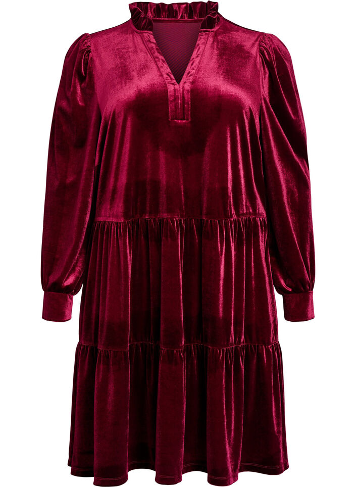 Kort kl&auml;nning i velour med volangkrage och l&aring;nga &auml;rmar, R&ouml;d, Packshot image number 0