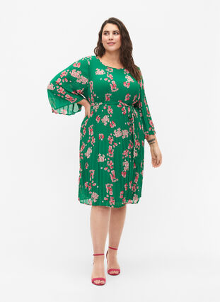 Plisserad klänning med mönster och knytband, Jolly Green Flower, Model image number 2