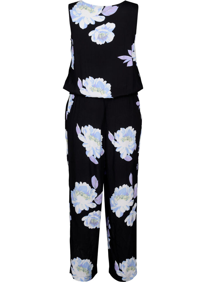 Ärmlös jumpsuit i viskos, Black Big Flower AOP, Packshot image number 1