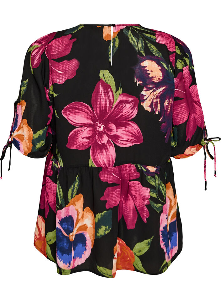 Blus med blommigt m&ouml;nster och peplum, Svart, Packshot image number 1