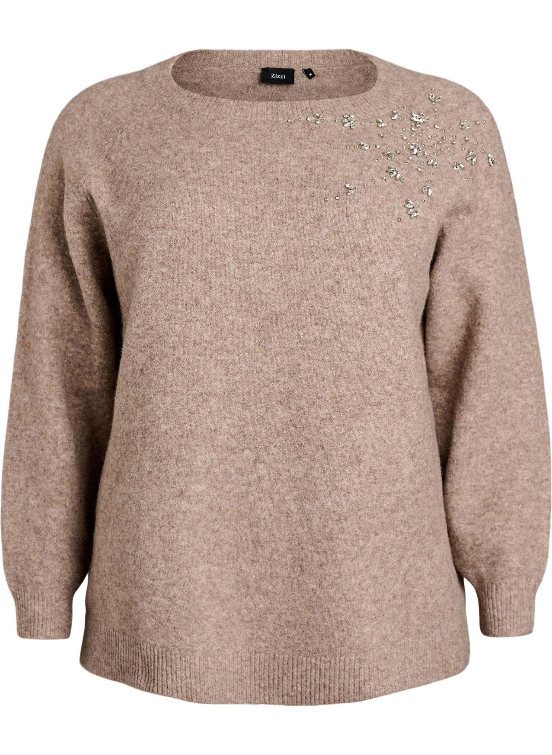 Zizziblus i stickat med strass och nitar, Beige, Packshot image number 0