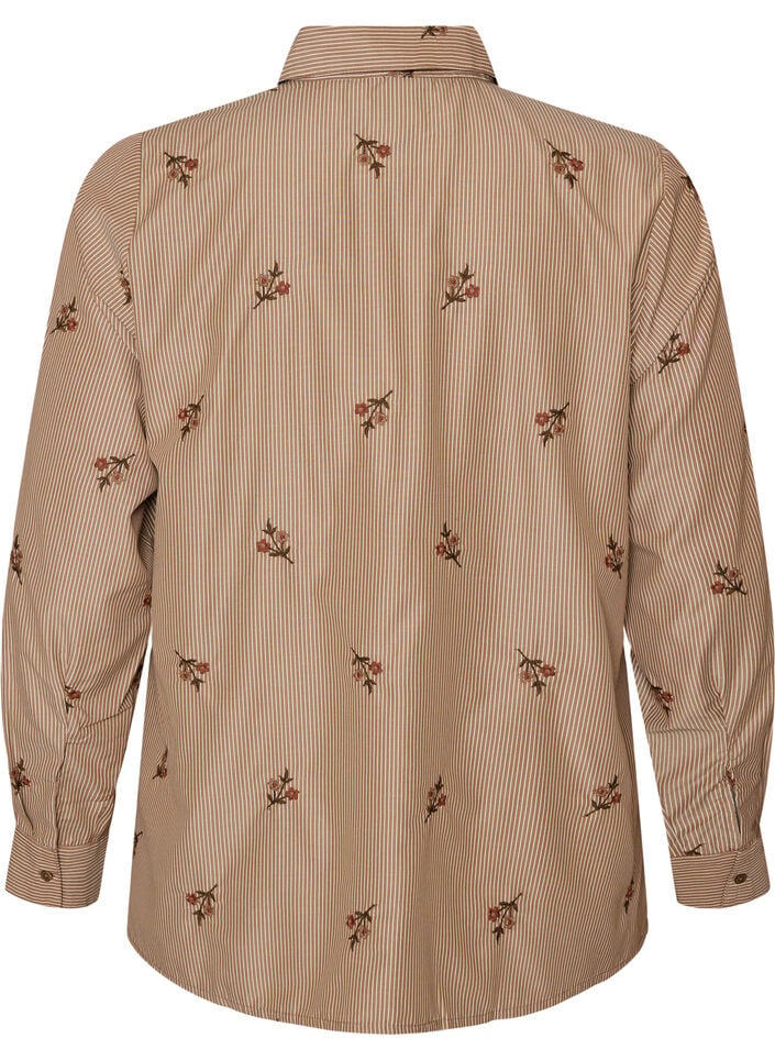 Randig skjorta med broderade blommor, Brun, Packshot