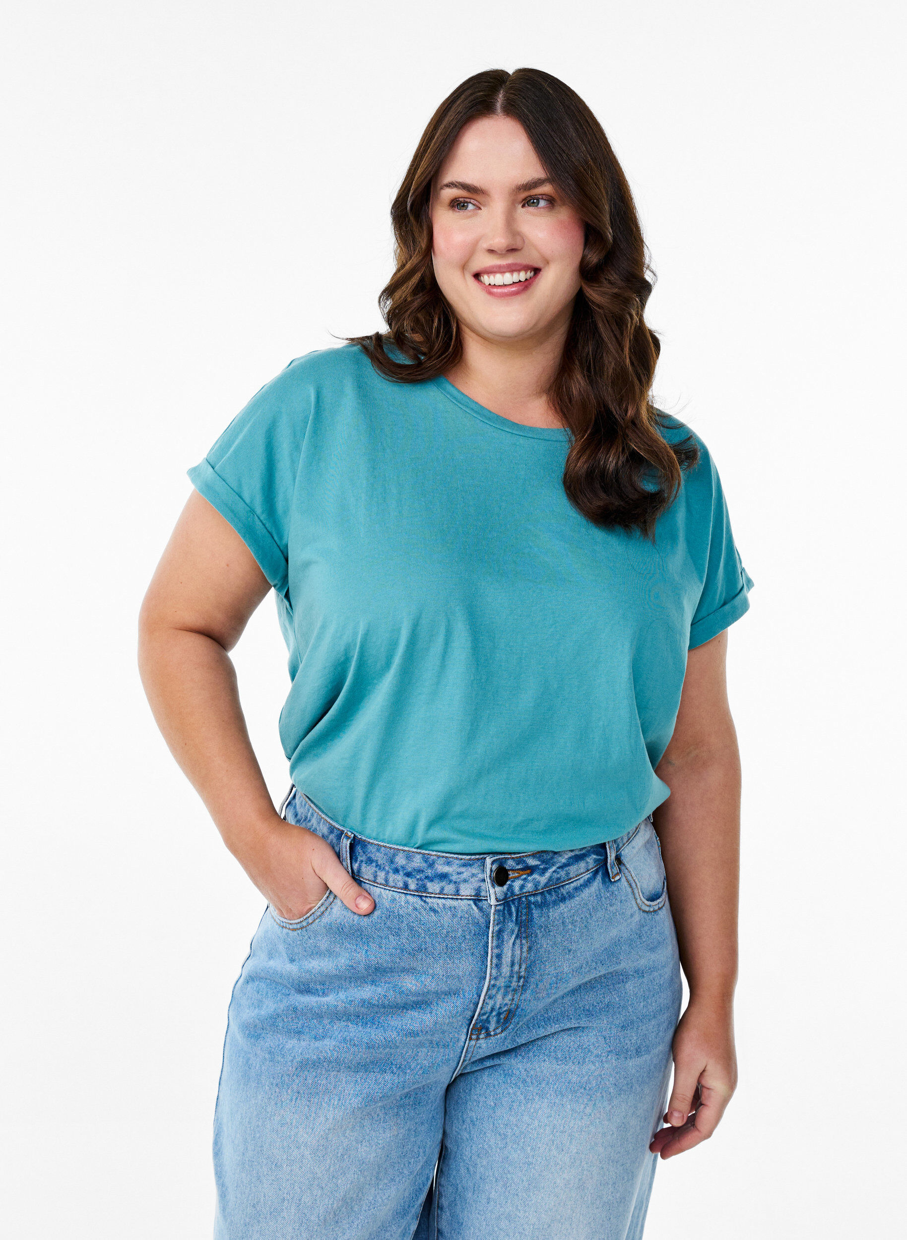 Kort&auml;rmad t-shirt i bomullsblandning, Bl&aring;, Model