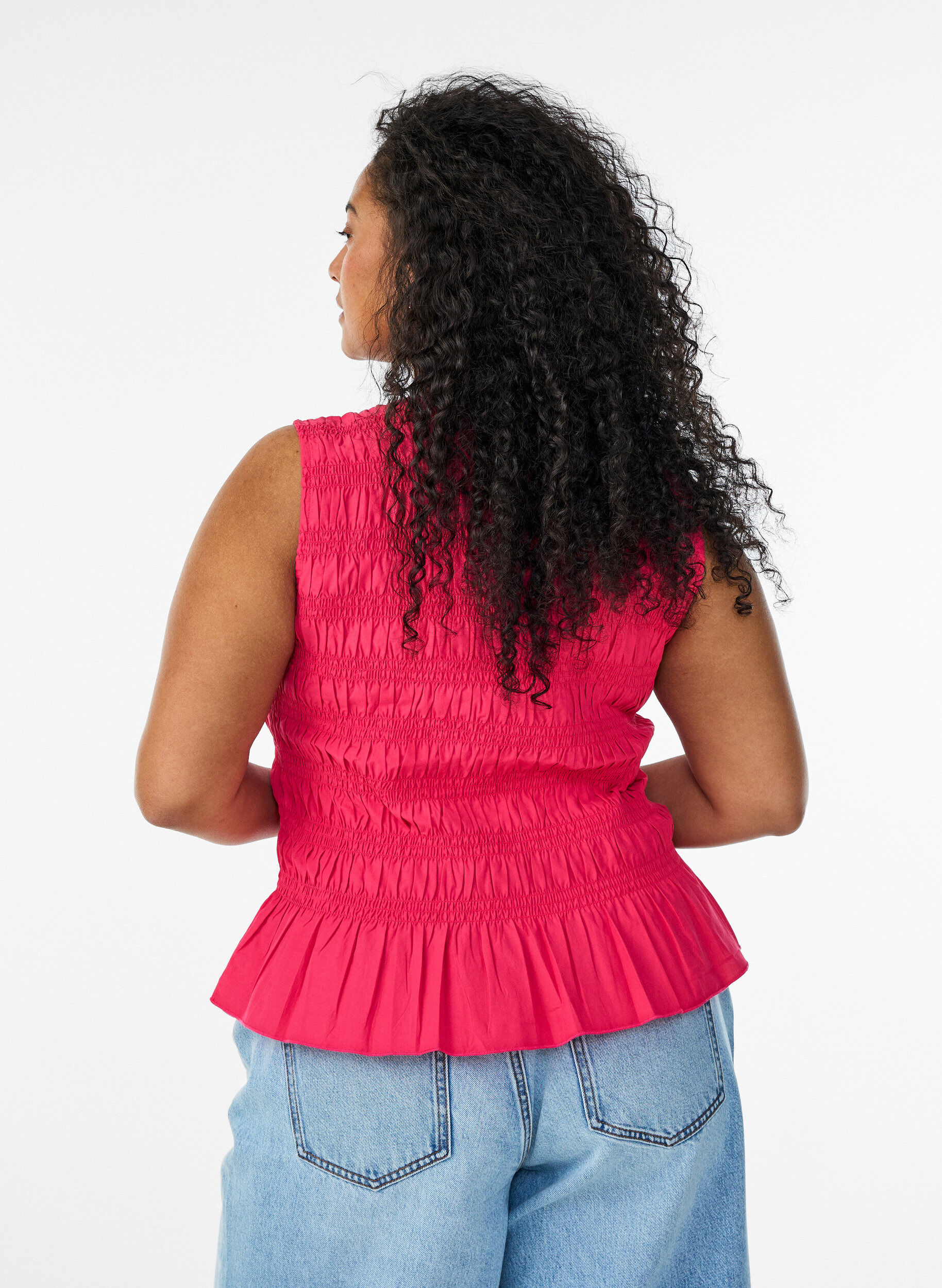 ZizziSmocktopp med b&aring;tringning och peplum, Rosa, Model image number 2