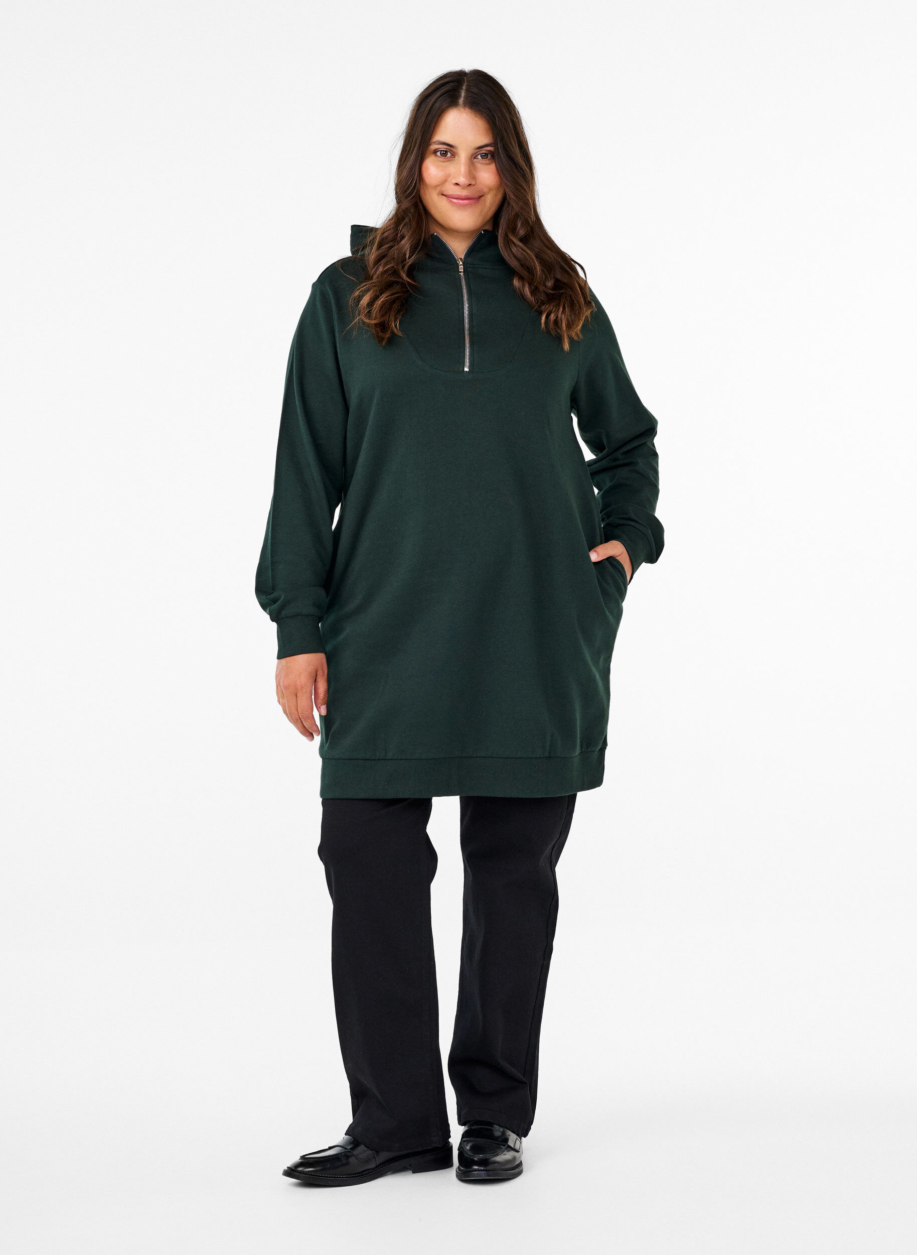 Zizzi Tunika i sweatshirttyg med huva och dragkedja, Scarab, Model image number 2