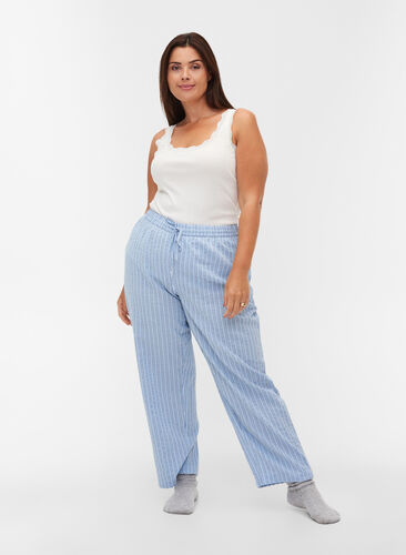 Lösa pyjamasbyxor i bomull med ränder, Chambray Blue Stripe, Model image number 0