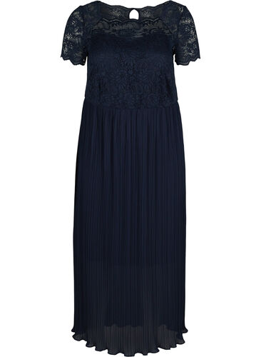 Kortärmad maxiklänning med spets och plisserad kjol, Night Sky, Packshot image number 0