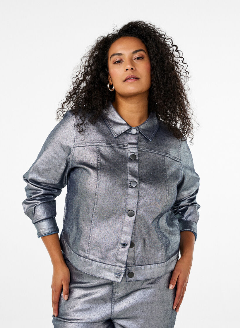 Kort jeansjacka med silverfärg, Gun Silver, Model image number 0