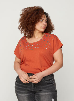 T-shirt i bomull med stjärnmotiv upptill, Burnt Brick STARS, Model image number 0