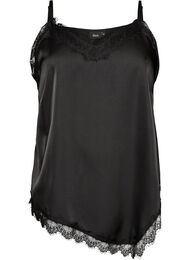 Topp i satin med spetskant och asymmetrisk f&aring;ll, Svart