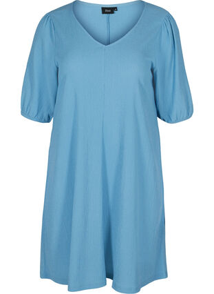 Klänning med puffärmar och v-ringad hals, Azure Blue, Packshot image number 0