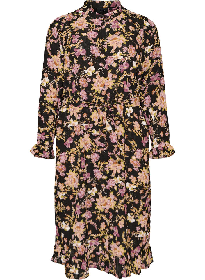 Midikl&auml;nning med blomm&ouml;nster och avtagbart knytsk&auml;rp, Svart, Packshot image number 0