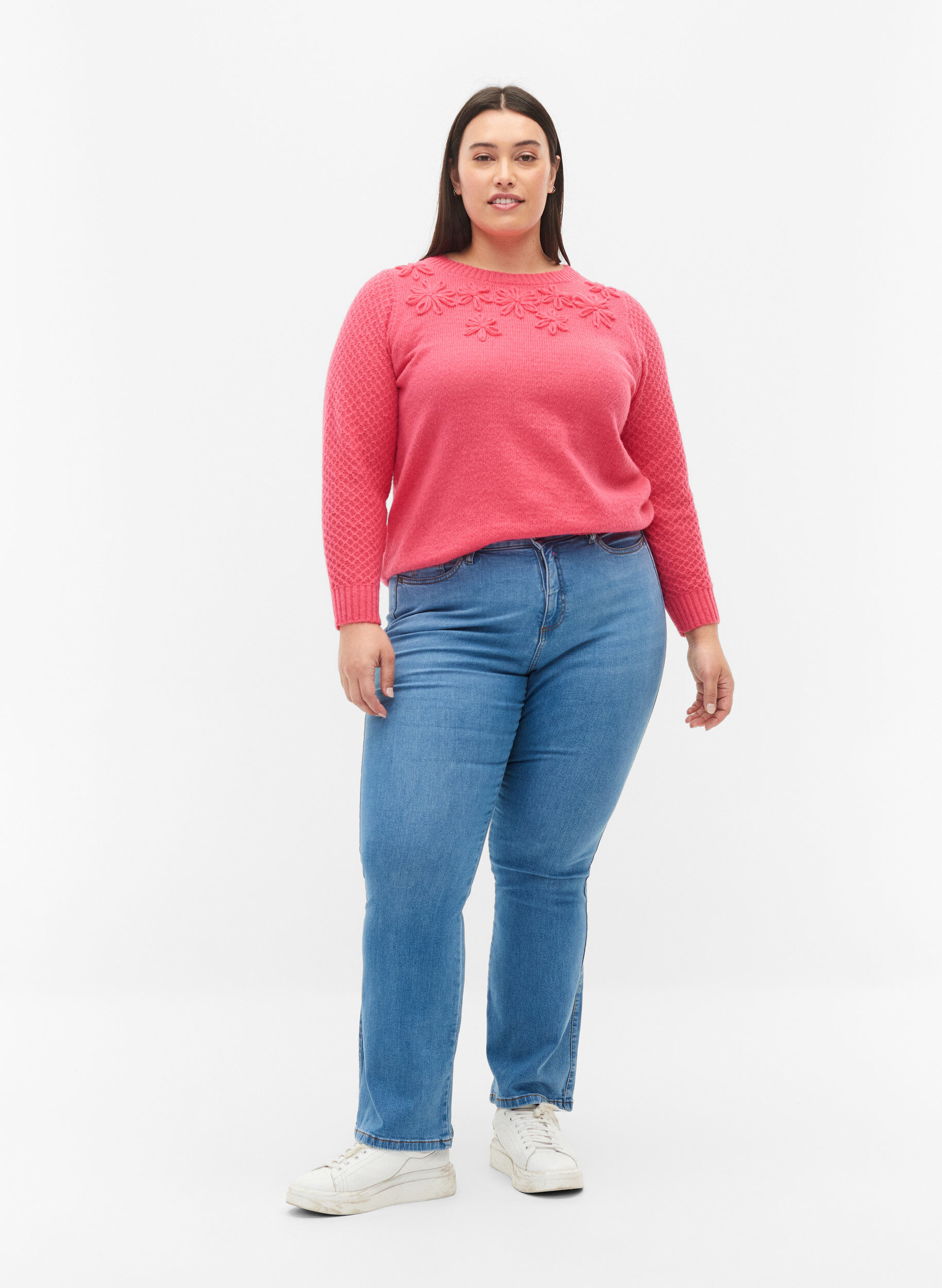 Zizzi Stickad blus med blomsterdetaljer, Hot Pink, Model image number 3