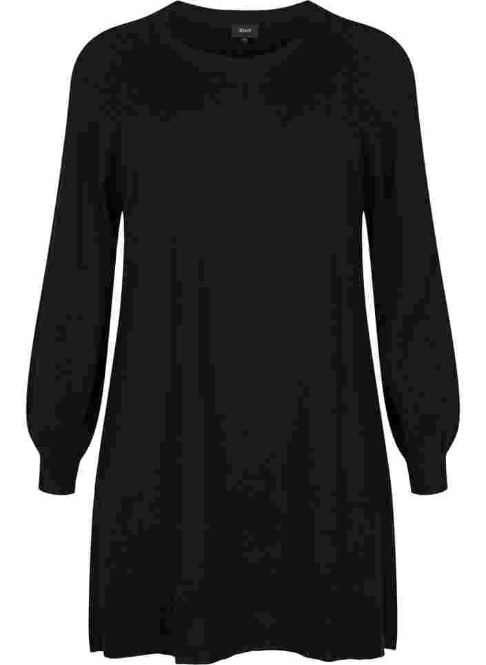 Stickad klänning med ballongärmar, Black Solid, Packshot image number 0