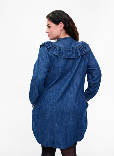 Jeansklänning med dekorativa knappar och volanger, Dark blue denim, Model image number 1