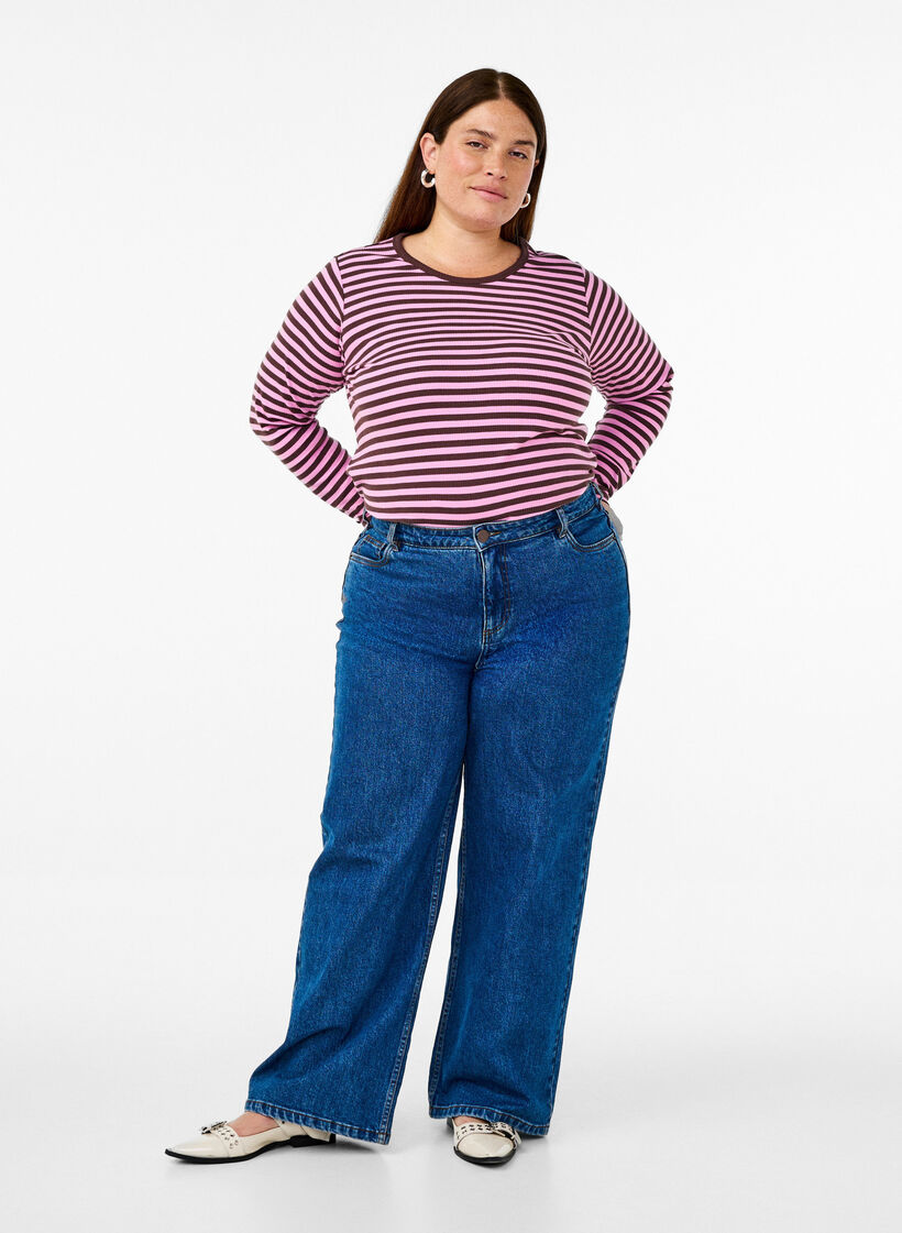Randig blus med l&aring;nga &auml;rmar, Rosa, Model image number 1