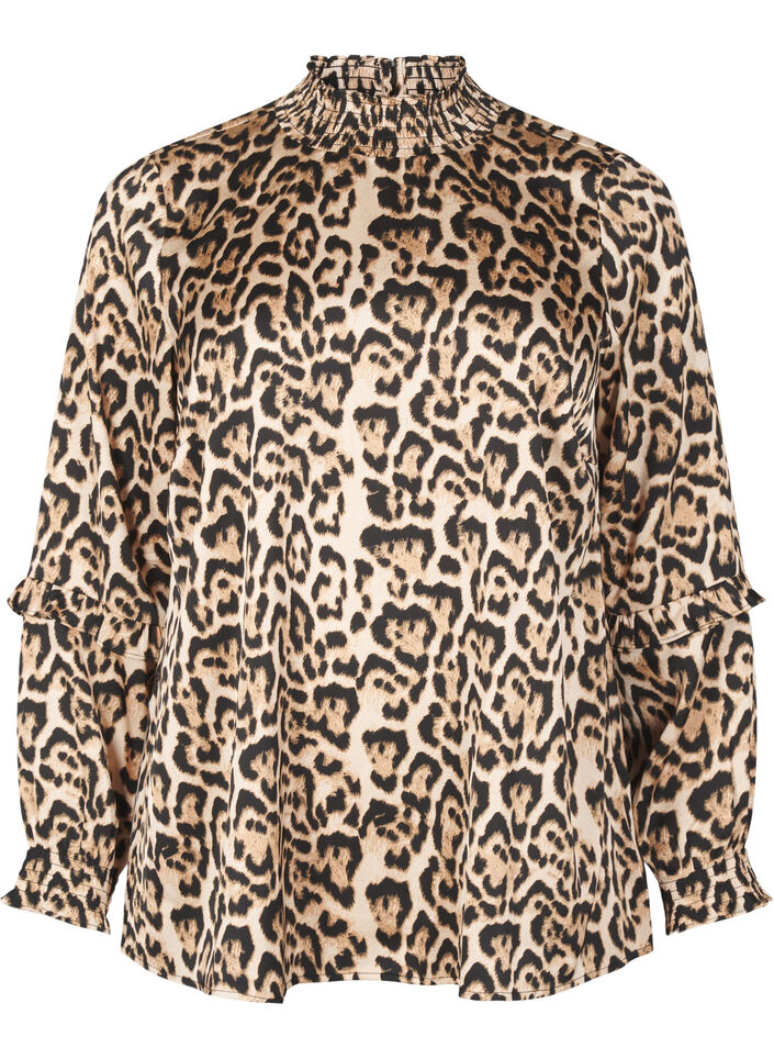 Leopardmönstrad blus med smock, Brun, Packshot image number 0