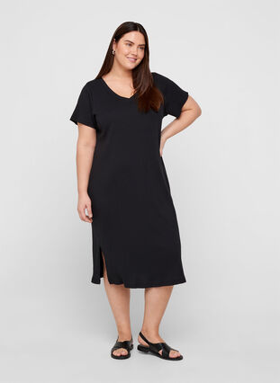 Ribbad klänning med korta ärmar och slits, Black, Model image number 2