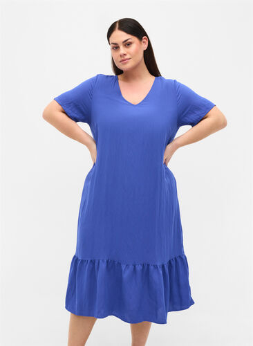 Kortärmad viskosklänning med v-ringning, Dazzling Blue, Model image number 0