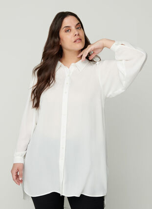 Lång skjorta med lätta puffärmar, Bright White, Model image number 0