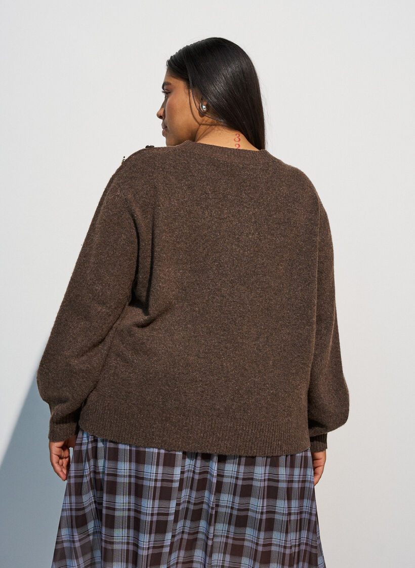 Stickad blus med knappdetalj, Brun, Model image number 2