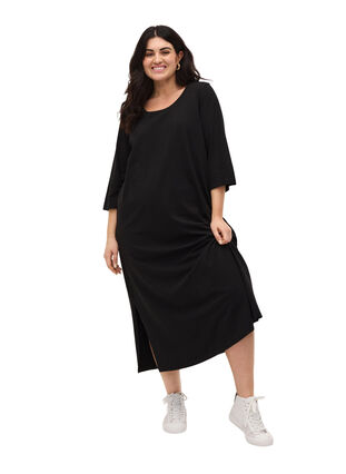 Midiklänning i bomull med slits , Black, Model image number 3