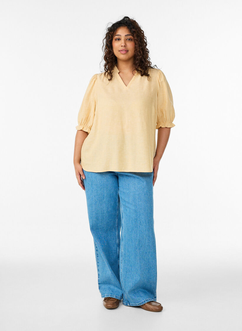 Blus i linne och viskos med halvl&aring;nga &auml;rmar, Gul, Model image number 1