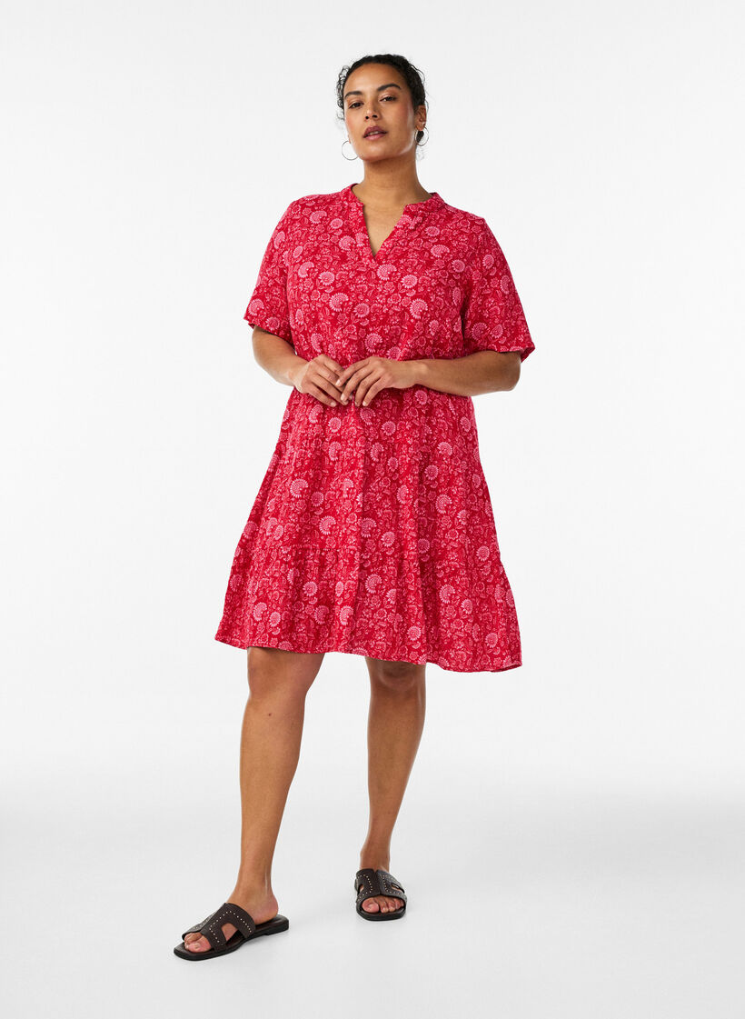 Kort a-linjeformad kl&auml;nning i bomullsmuslin, R&ouml;d, Model image number 1