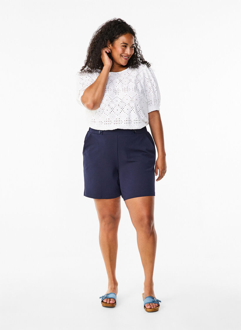 Kortärmad blus med spetsmönster, Bright White, Model image number 2