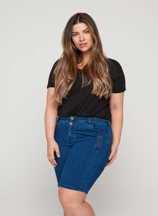 Figurnära jeansshorts, Medium Blue Denim, Model image number 0
