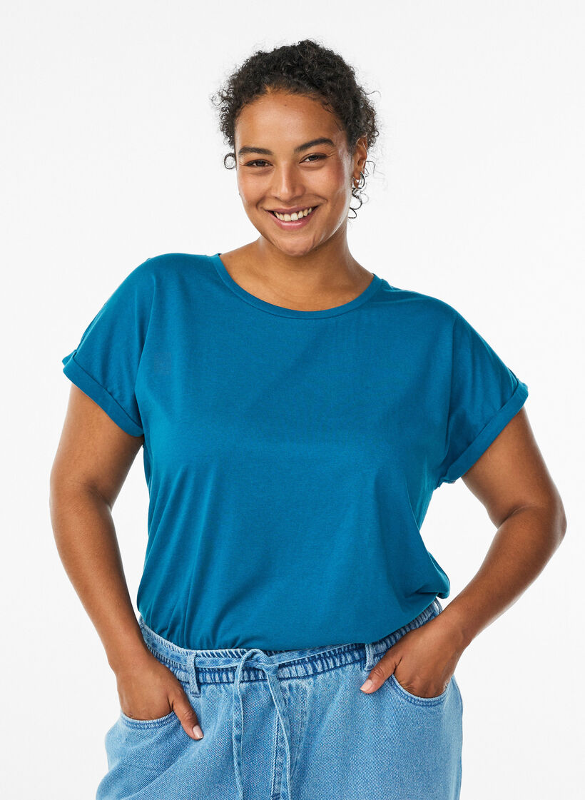 Kort&auml;rmad t-shirt i bomullsmix, Bl&aring;, Model image number 0
