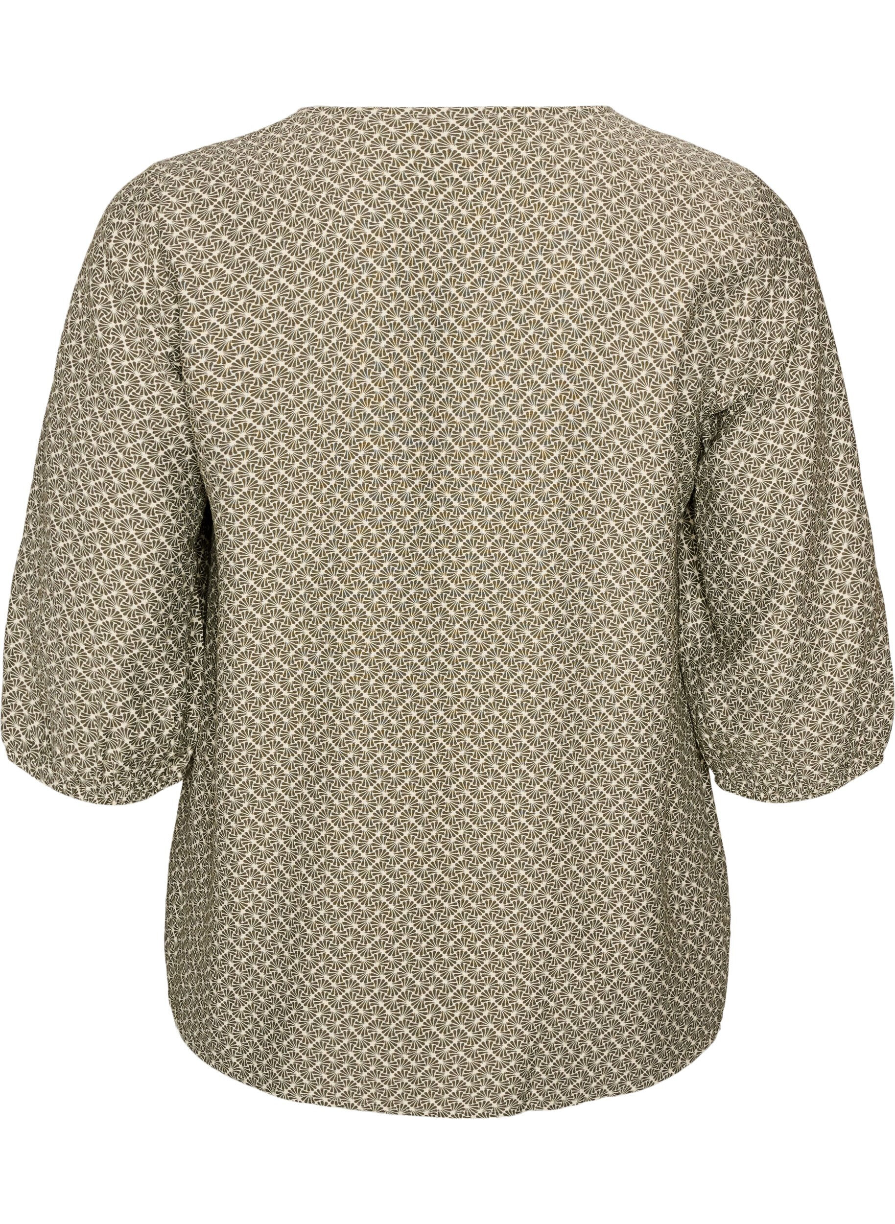 ZizziM&ouml;nstrad blus i viskos med 3/4-&auml;rm, Gr&ouml;n, Packshot image number 1