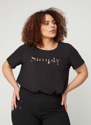 Kortärmad bomulls t-shirt med tryck, Black SIMPLY, Model image number 0