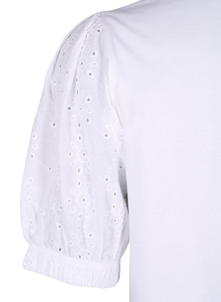 Blus i ekologisk bomull med broderie anglaise-ärmar, Bright White, Packshot image number 3