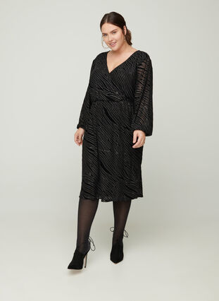 Mönstrad klänning med glitter och v-ringning, Black w Glitter, Model image number 2
