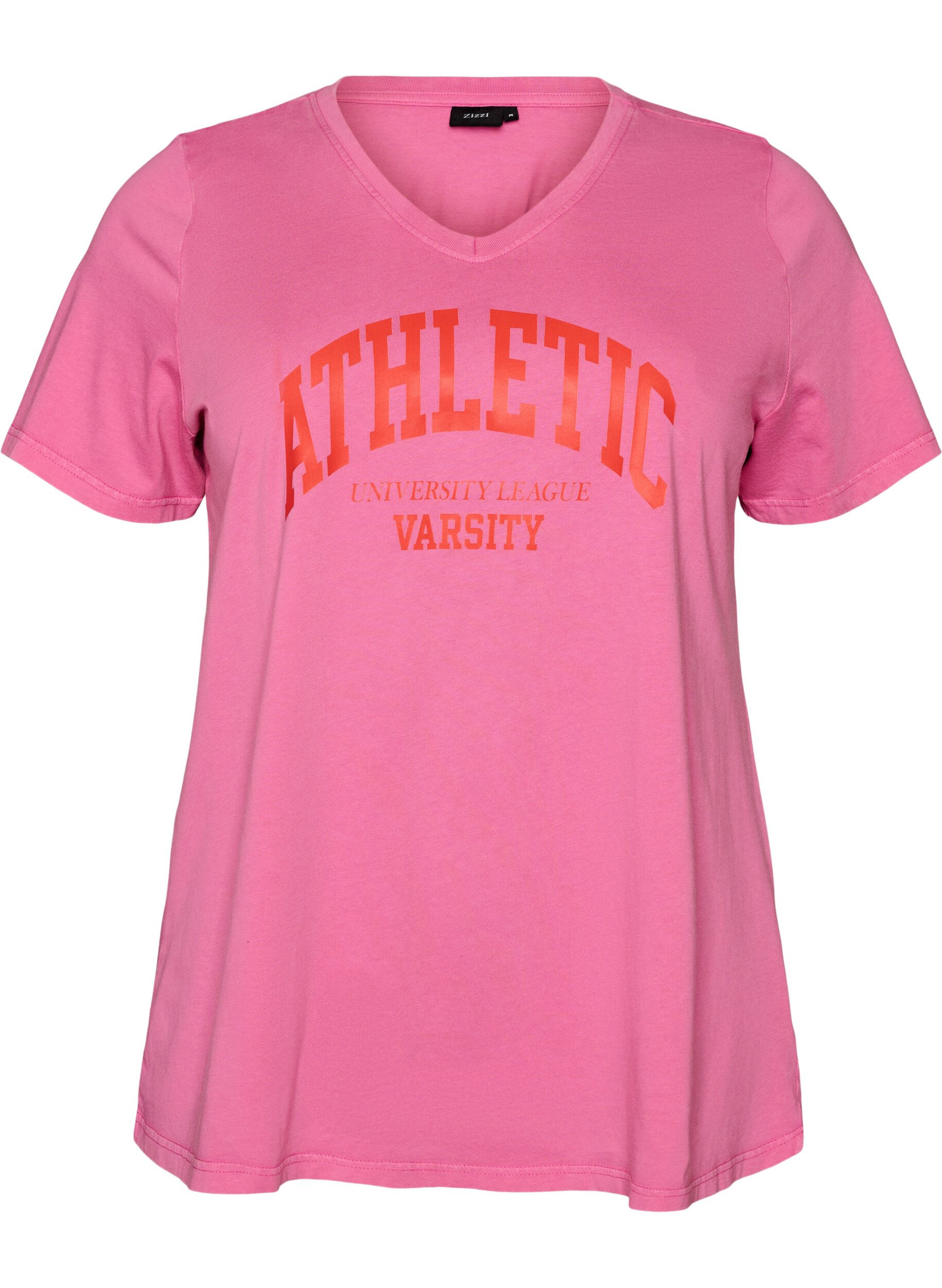 ZizziT-shirt i ekologisk bomull med varsity-tryck och v-ringning, Rosa, Packshot image number 0