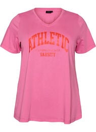T-shirt i ekologisk bomull med varsity-tryck och v-ringning, Rosa