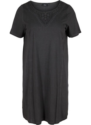 Klänning med spetsdetaljer och korta ärmar, Black Washed , Packshot image number 0