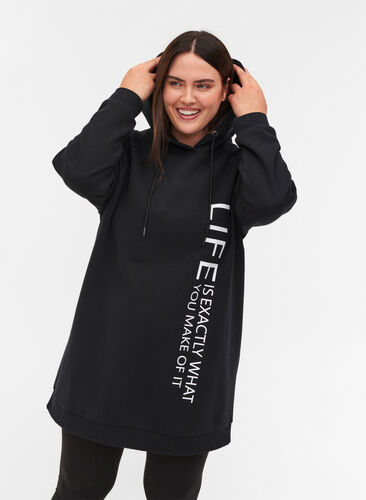 Lång sweatshirt med huva och tryck, Black, Model image number 0
