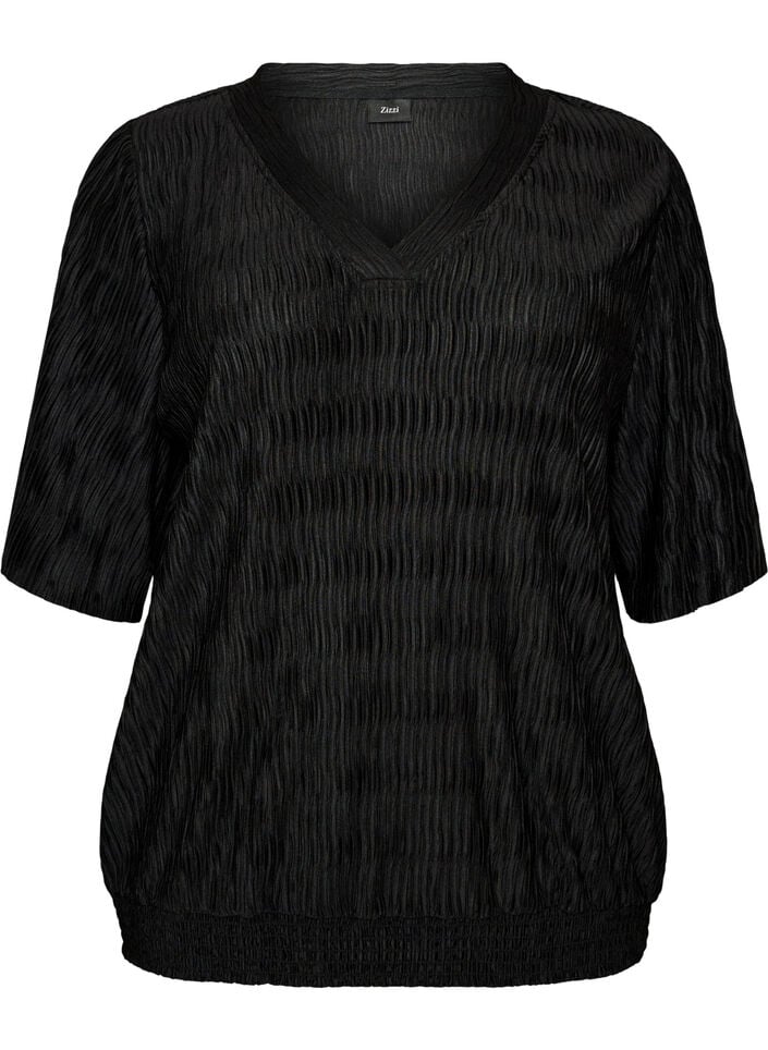 Blus med v&aring;gig struktur och ballongform, Svart, Packshot image number 0